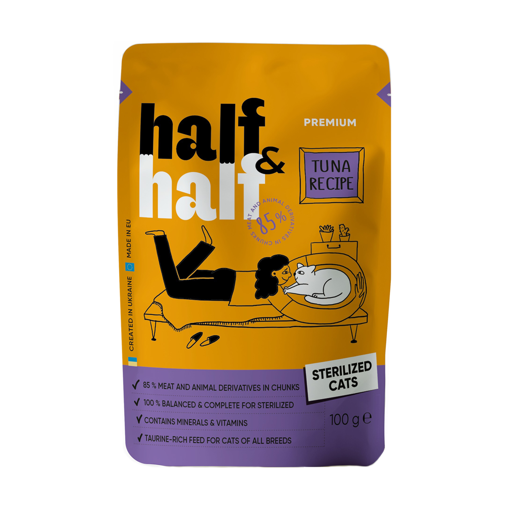 Вологий корм для стерилізованих кішок Half&amp;Half шматочки з тунцем у соусі, 100 г