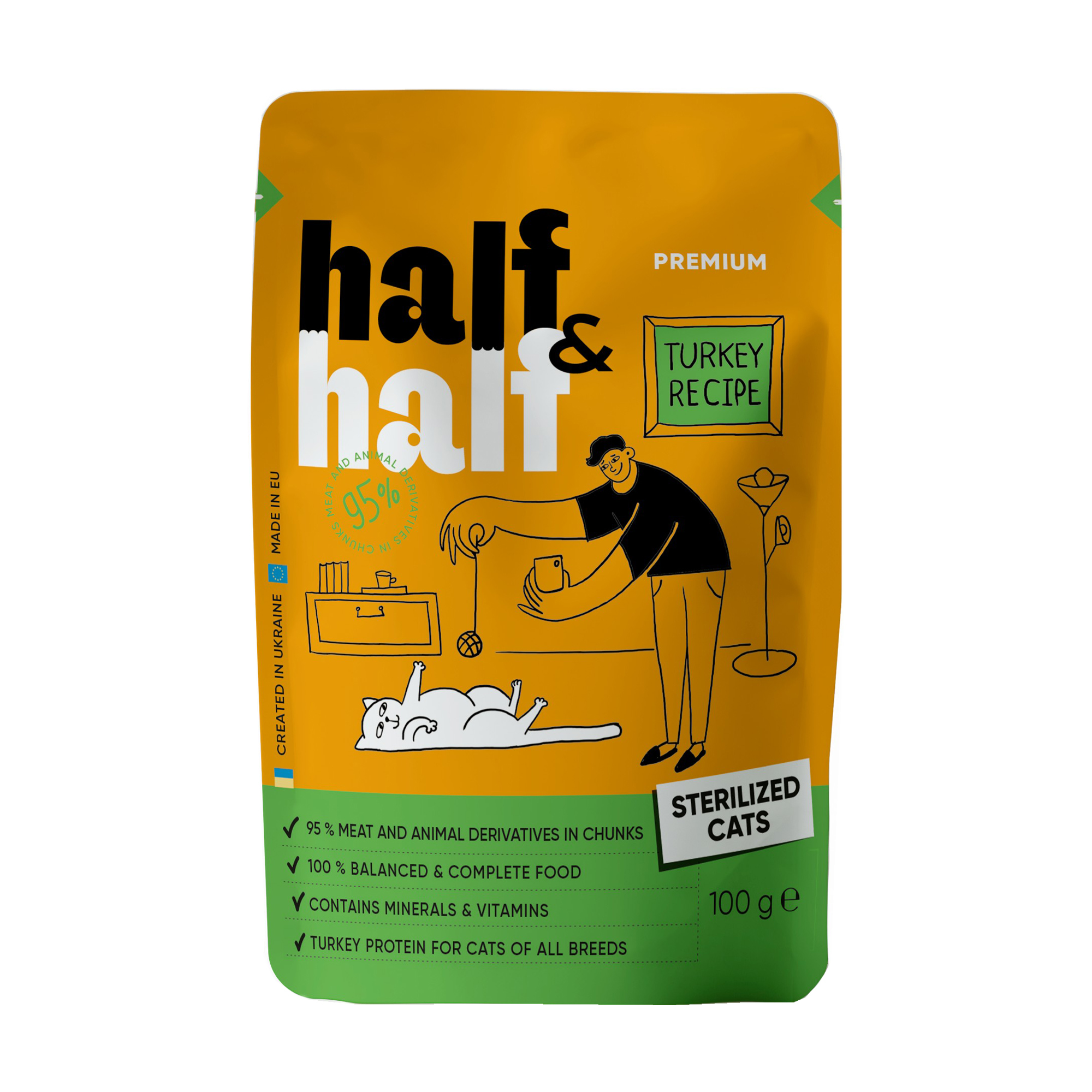 Вологий корм для стерилізованих кішок Half&amp;Half шматочки з індичкою в желе, 100 г